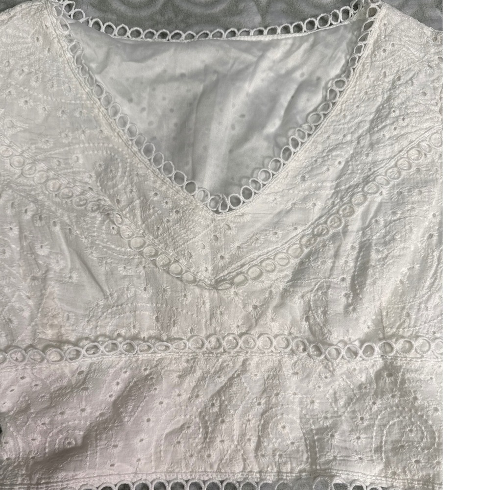 White Eyelet Lace V-Neck Crop Top Smocked Back Puff Sleeve Boho Cottagecore - Picture 10 of 12
